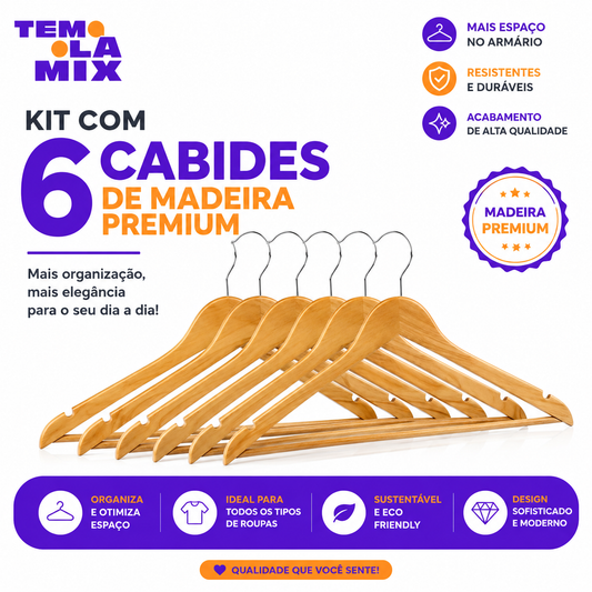 Cabide Para Roupas Em Madeira Natural Com 6 Peç Kala