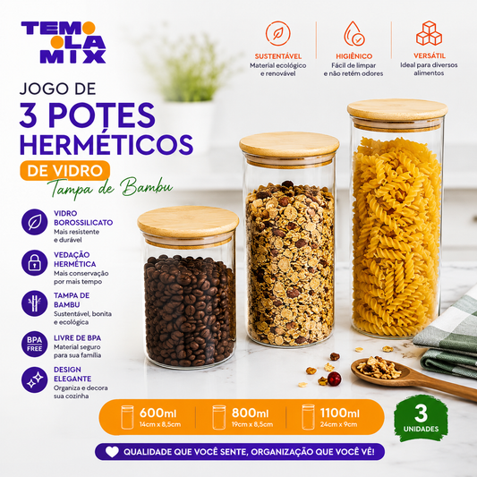 Kit 3 Potes Herméticos de Vidro com Tampa de Bambu