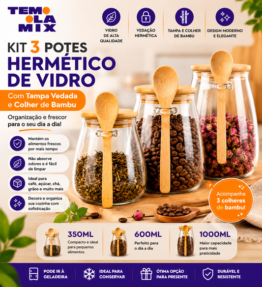 Kit 3 Potes Herméticos de Vidro com Tampa e Colher de Bambu