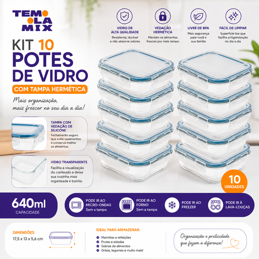 Kit 10 Pote de Vidro com Tampa Hermética 640ml