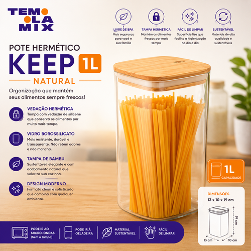Pote Hermético Keep 1L Natural com Tampa de Bambu e Vedação de Silicone