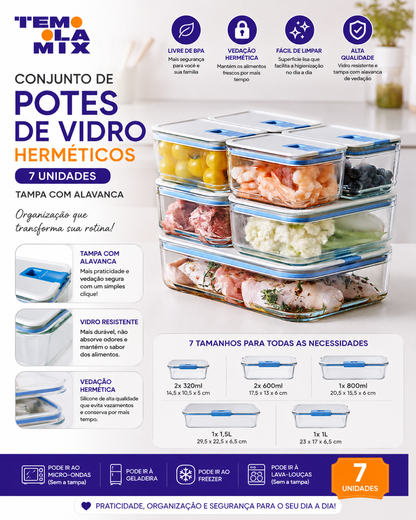 Conjunto de Potes de Vidro Herméticos Retangulares – 7 Unidades com Tampa de Alavanca e Vedação de Silicone