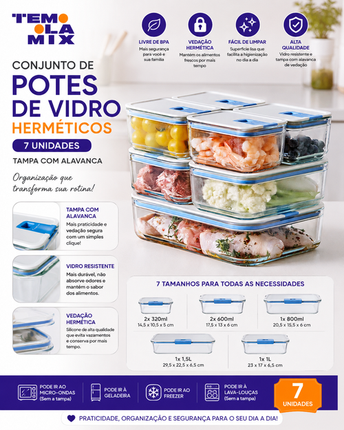 Conjunto de Potes de Vidro Herméticos Retangulares – 7 Unidades com Tampa de Alavanca e Vedação de Silicone