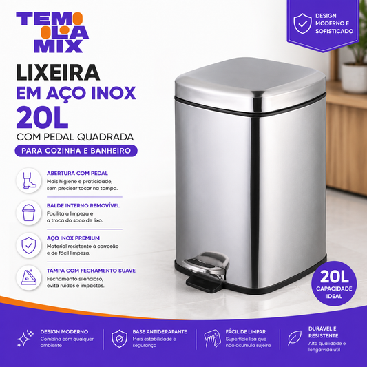 Lixeira em Aço Inox 20L com Pedal Quadrada para Cozinha e Banheiro
