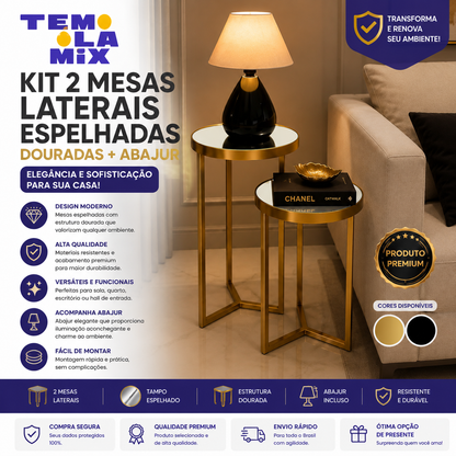 Kit 2 Mesas Laterais Espelhadas Douradas + Abajur Premium