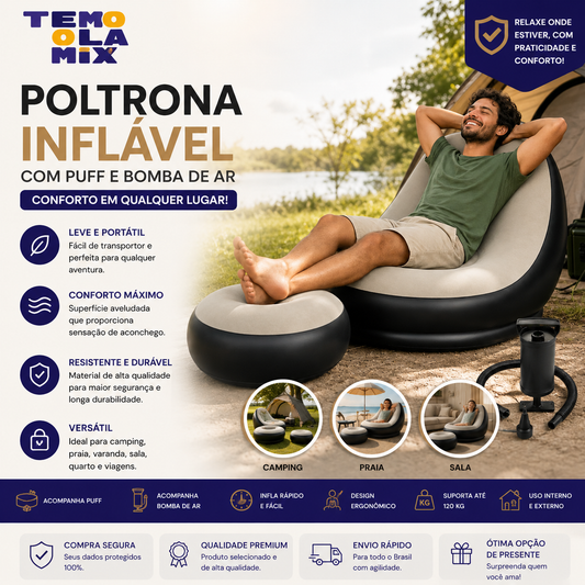 Poltrona Inflável com Puff e Bomba de Ar – Sofá Portátil para Descanso, Camping e Viagens