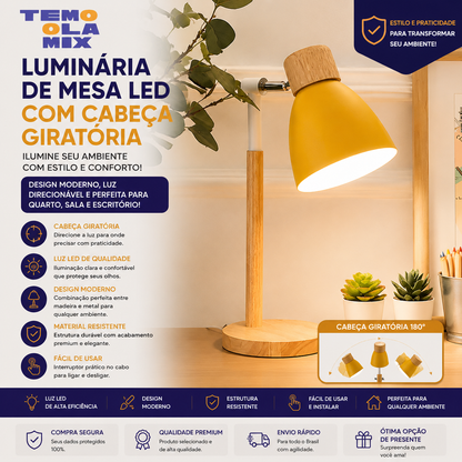 Luminária de Mesa LED com Cabeça Giratória em Madeira – Design Moderno para Quarto, Sala e Escritório