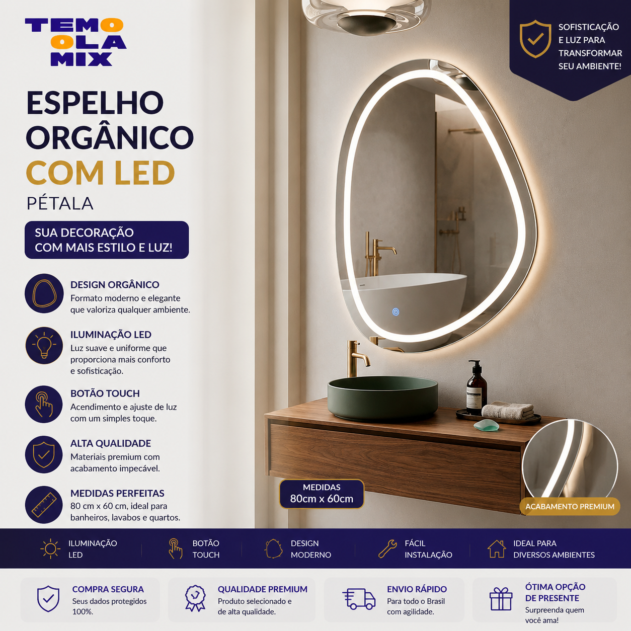 Espelho Orgânico com LED Pétala 80x60cm – Iluminação Touch