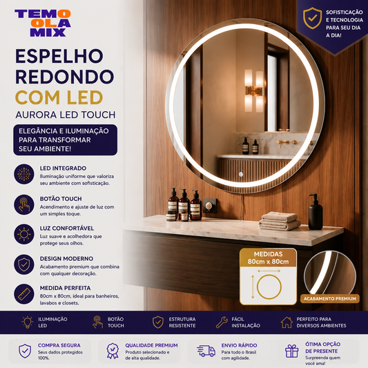 Espelho Redondo com Iluminação LED Touch