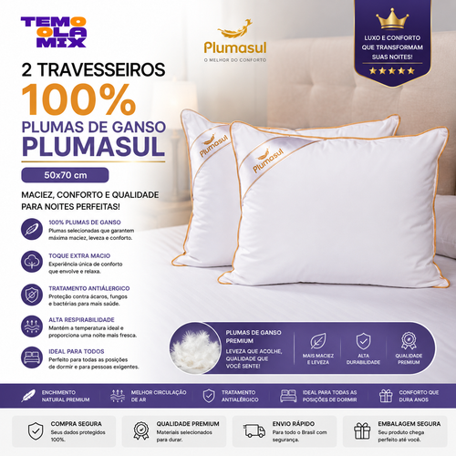 Kit 2 Travesseiros Plumas de Ganso Plumasul-Antialérgico