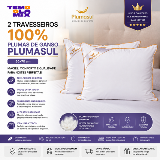 Kit 2 Travesseiros Plumas de Ganso Plumasul-Antialérgico