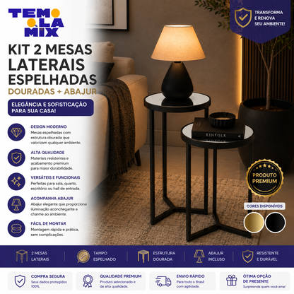 Kit 2 Mesas Laterais Espelhadas Douradas + Abajur Premium