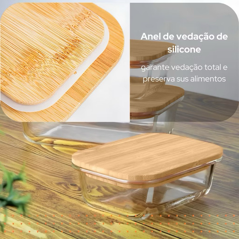 Kit 3 Potes Herméticos de Vidro com Tampa de Bambu – Vedação de Silicone | Organizador de Alimentos Premium