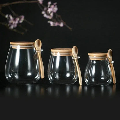 Kit 3 Potes Herméticos de Vidro com Tampa e Colher de Bambu